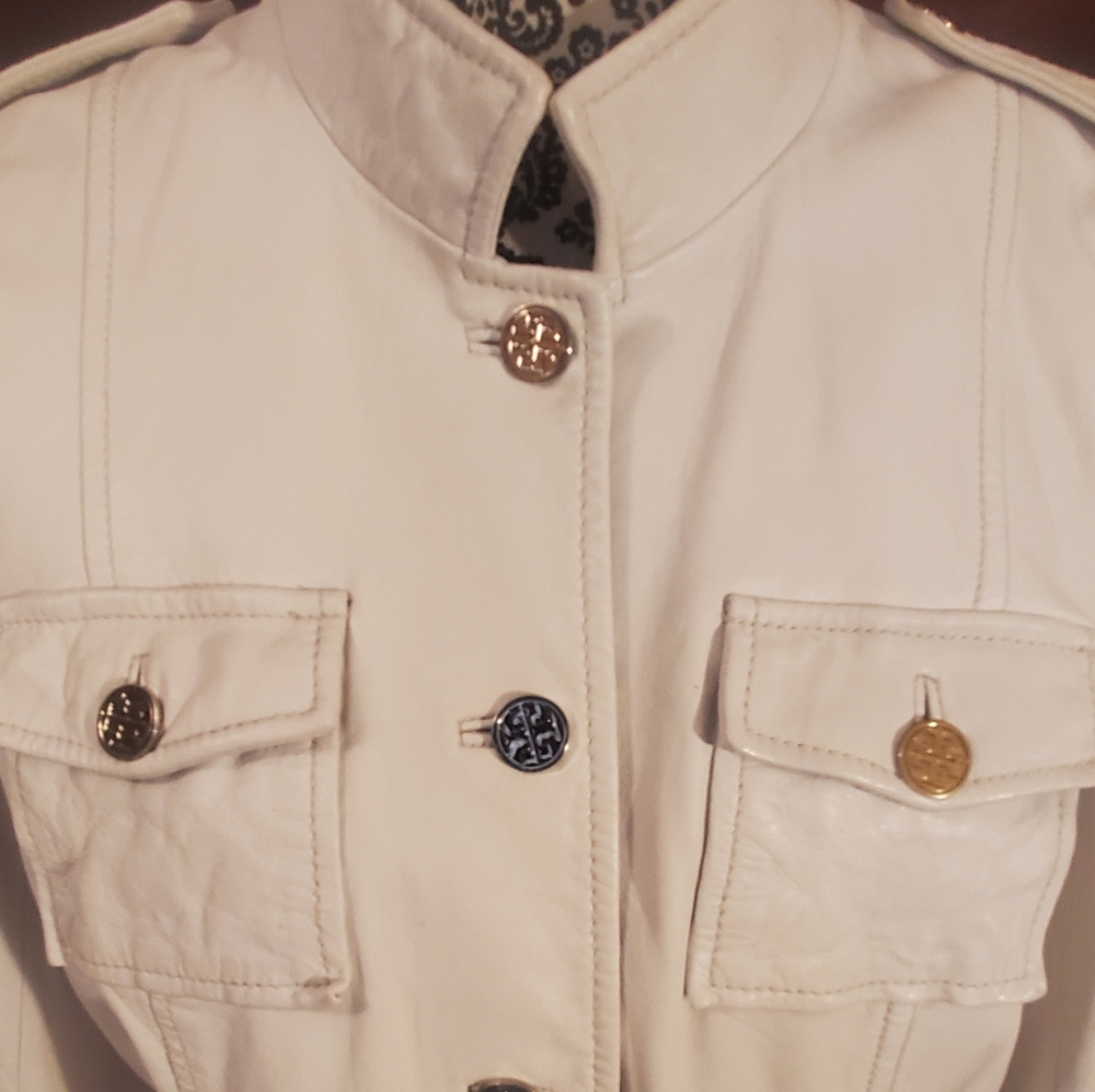Tory Burch Leather Women's White Military Style Jacket Coat 14 Fits 10 12 - Picture 2 of 14